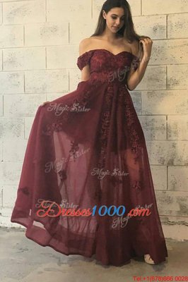 Tulle Off The Shoulder Short Sleeves Zipper Appliques Prom Evening Gown in Burgundy
