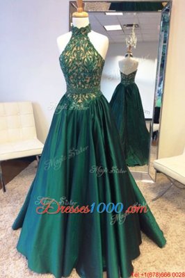 Halter Top Sleeveless Sweep Train Beading and Lace Zipper Prom Evening Gown