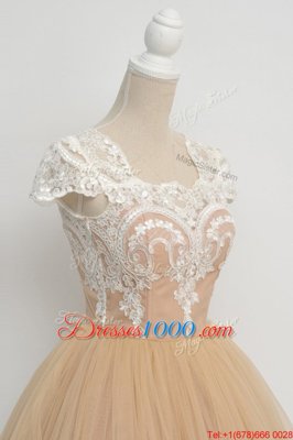 Luxury Scoop Cap Sleeves Cocktail Dress Knee Length Lace Champagne Tulle