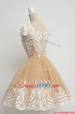 Luxury Scoop Cap Sleeves Cocktail Dress Knee Length Lace Champagne Tulle
