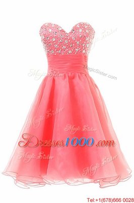 Custom Made Watermelon Red A-line Chiffon Sweetheart Sleeveless Beading Knee Length Zipper Prom Party Dress