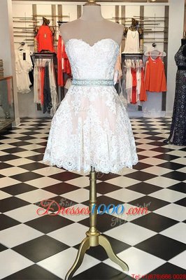 Sophisticated Sleeveless Lace Knee Length Zipper Party Dresses in White for with Lace