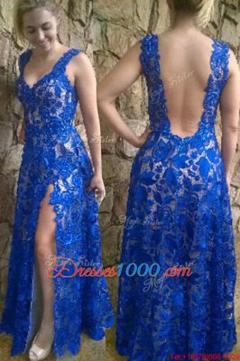 Blue Sleeveless Lace Floor Length Homecoming Dress