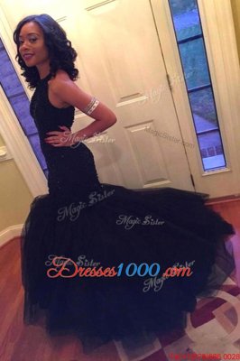 Most Popular Mermaid Tulle Scoop Sleeveless Backless Beading High School Pageant Dress in Navy Blue