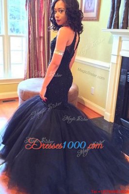 Most Popular Mermaid Tulle Scoop Sleeveless Backless Beading High School Pageant Dress in Navy Blue