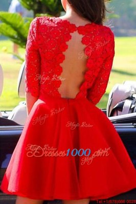 Perfect Halter Top Half Sleeves Backless Knee Length Lace Hoco Dress