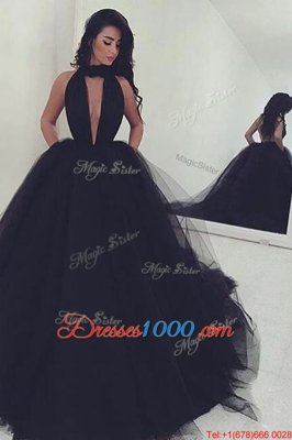 Black Sleeveless Sweep Train Ruching With Train Prom Party Dress