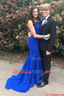 Elegant With Train Mermaid Sleeveless Royal Blue Homecoming Dress Sweep Train Backless