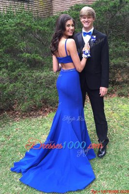 Elegant With Train Mermaid Sleeveless Royal Blue Homecoming Dress Sweep Train Backless