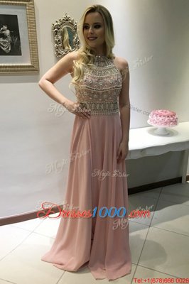 Deluxe Scoop Beading Dress for Prom Pink Backless Sleeveless With Train Sweep Train
