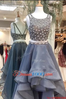 Scoop Sleeveless Organza High Low Zipper Glitz Pageant Dress in Grey for with Beading