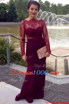 Scalloped Long Sleeves Elastic Woven Satin With Brush Train Clasp Handle Dress for Prom in Fuchsia for with Lace