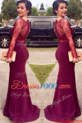 Scalloped Long Sleeves Elastic Woven Satin With Brush Train Clasp Handle Dress for Prom in Fuchsia for with Lace