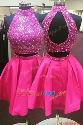 Graceful Halter Top Hot Pink Sleeveless Organza Zipper Prom Party Dress for Prom and Party