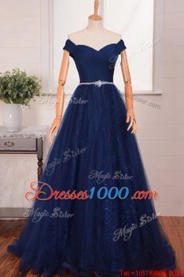 Off the Shoulder Belt Prom Evening Gown Navy Blue Zipper Sleeveless With Brush Train