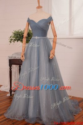 Off the Shoulder Belt Prom Evening Gown Navy Blue Zipper Sleeveless With Brush Train