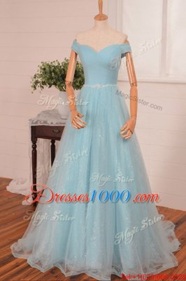 Off the Shoulder Belt Prom Evening Gown Navy Blue Zipper Sleeveless With Brush Train