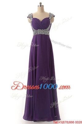 Sweet Purple Prom Evening Gown Prom and Party and For with Beading and Ruching Straps Cap Sleeves Lace Up