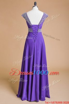 Sweet Purple Prom Evening Gown Prom and Party and For with Beading and Ruching Straps Cap Sleeves Lace Up