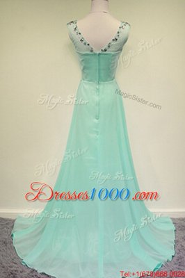 Wonderful Scoop With Train Turquoise Chiffon Brush Train Sleeveless Beading