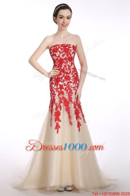 Fabulous Mermaid Sleeveless Appliques Lace Up Evening Dress with Red and Champagne Brush Train