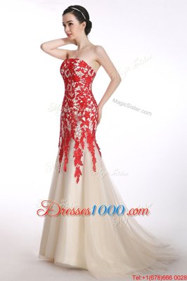 Fabulous Mermaid Sleeveless Appliques Lace Up Evening Dress with Red and Champagne Brush Train