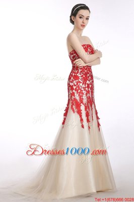 Fabulous Mermaid Sleeveless Appliques Lace Up Evening Dress with Red and Champagne Brush Train