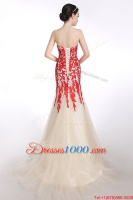 Fabulous Mermaid Sleeveless Appliques Lace Up Evening Dress with Red and Champagne Brush Train