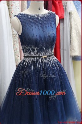 Affordable Scoop Knee Length Zipper Evening Dress Navy Blue and In for Prom and Party with Beading