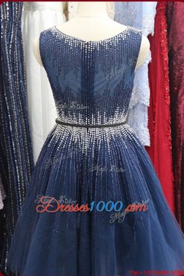 Affordable Scoop Knee Length Zipper Evening Dress Navy Blue and In for Prom and Party with Beading