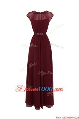 High Quality Burgundy Scoop Zipper Beading Prom Gown Cap Sleeves