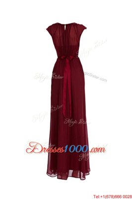 High Quality Burgundy Scoop Zipper Beading Prom Gown Cap Sleeves