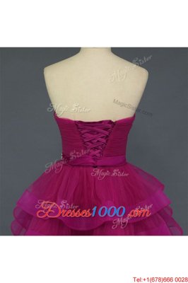 Elegant Knee Length Fuchsia Organza Sleeveless Beading and Ruffled Layers