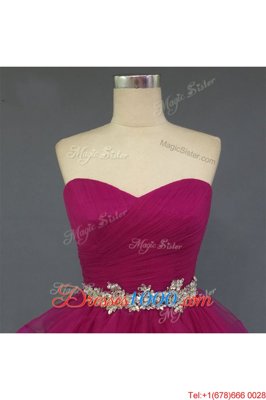 Elegant Knee Length Fuchsia Organza Sleeveless Beading and Ruffled Layers