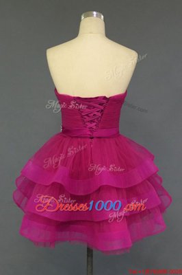 Elegant Knee Length Fuchsia Organza Sleeveless Beading and Ruffled Layers