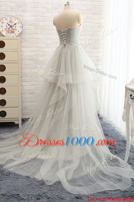 Amazing Tulle Sweetheart Sleeveless Court Train Lace Up Beading Evening Dress in Grey