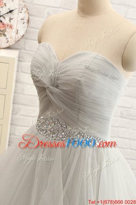 Amazing Tulle Sweetheart Sleeveless Court Train Lace Up Beading Evening Dress in Grey