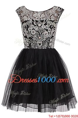 Black Zipper Bateau Beading Cocktail Dresses Tulle Cap Sleeves