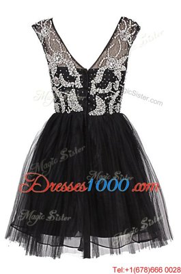 Black Zipper Bateau Beading Cocktail Dresses Tulle Cap Sleeves