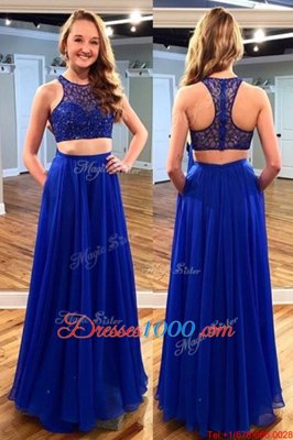 Floor Length Royal Blue Prom Dresses Scoop Sleeveless Zipper