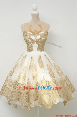 Scoop Champagne Sleeveless Lace and Appliques Knee Length Prom Party Dress