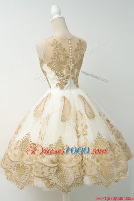 Scoop Champagne Sleeveless Lace and Appliques Knee Length Prom Party Dress