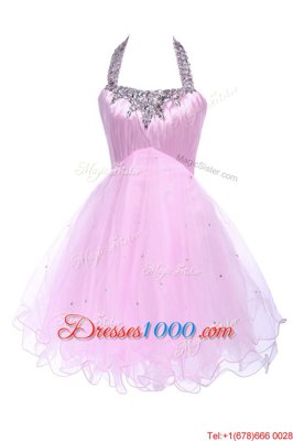 Halter Top Lilac Sleeveless Beading Knee Length Prom Dresses