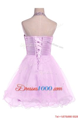 Halter Top Lilac Sleeveless Beading Knee Length Prom Dresses