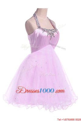 Halter Top Lilac Sleeveless Beading Knee Length Prom Dresses