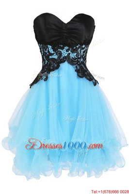 Lovely Blue And Black Sleeveless Appliques Mini Length Prom Dress