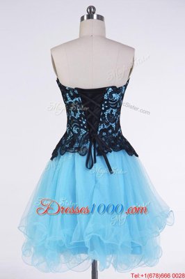 Lovely Blue And Black Sleeveless Appliques Mini Length Prom Dress