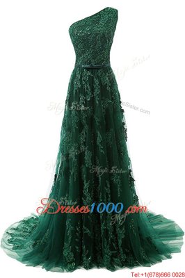Exquisite Dark Green A-line One Shoulder Sleeveless Tulle Sweep Train Zipper Beading and Appliques Prom Evening Gown
