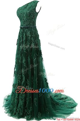 Exquisite Dark Green A-line One Shoulder Sleeveless Tulle Sweep Train Zipper Beading and Appliques Prom Evening Gown