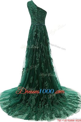 Exquisite Dark Green A-line One Shoulder Sleeveless Tulle Sweep Train Zipper Beading and Appliques Prom Evening Gown